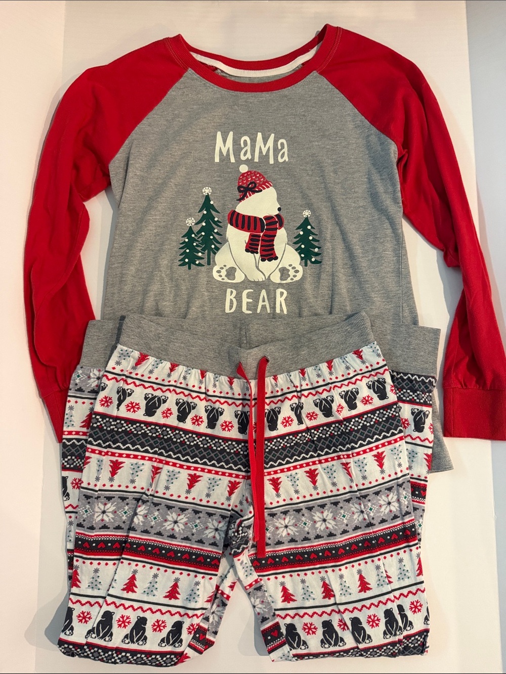 Cuddl Duds Mama Bear Pajama Set - Gray & Red size XS